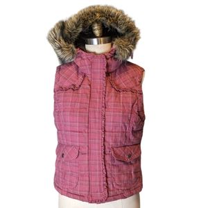 Aeropostale Puffer Plaid Pink Vest w/ Faux Fur Hood, Women's Size LG